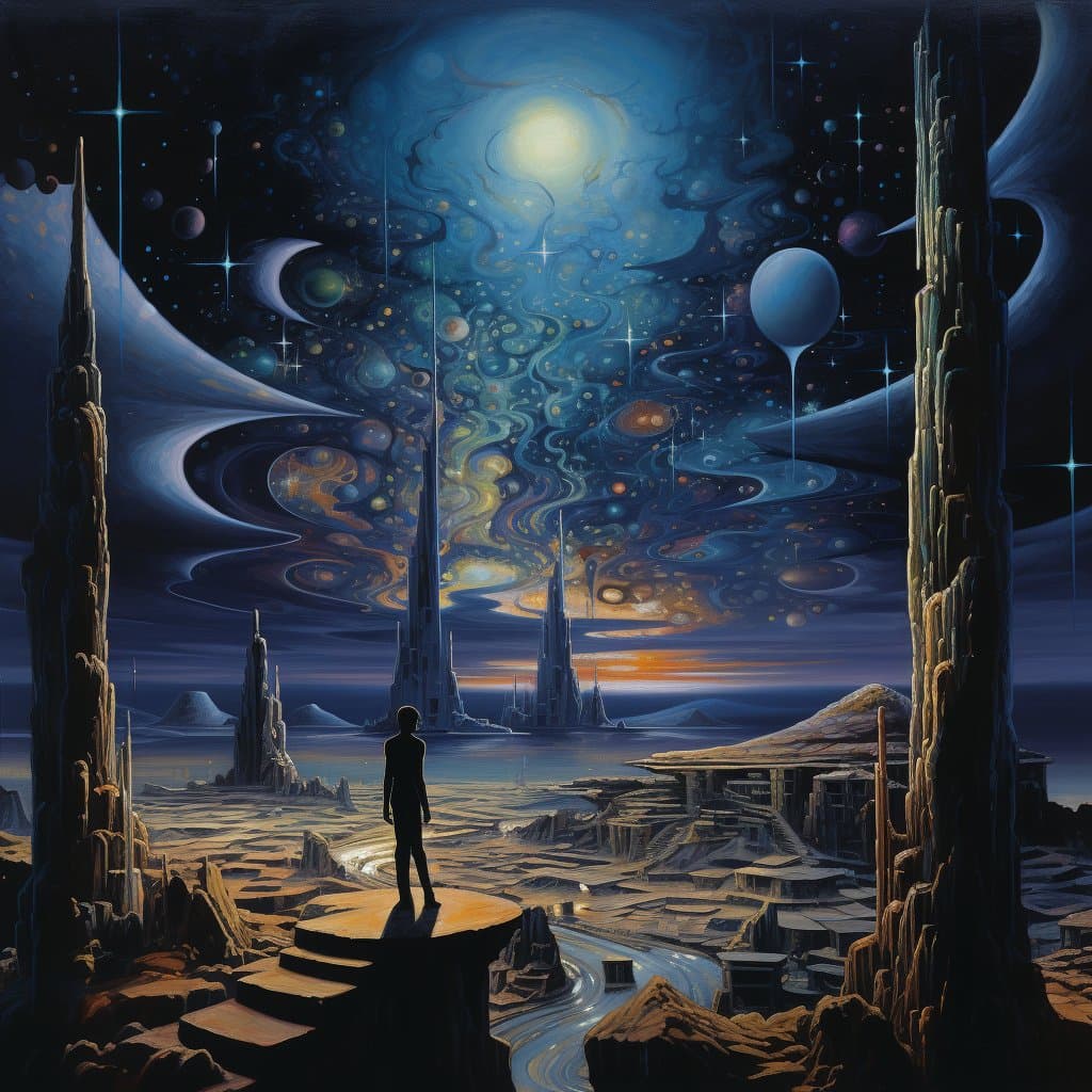 A surreal digital painting depicts a lone silhouette standing on a rocky outcrop, gazing at a vast, swirling cosmic sky filled with planets, stars, and nebulae. The landscape features towering, jagged spires and a distant, futuristic cityscape under a glowing celestial body.
