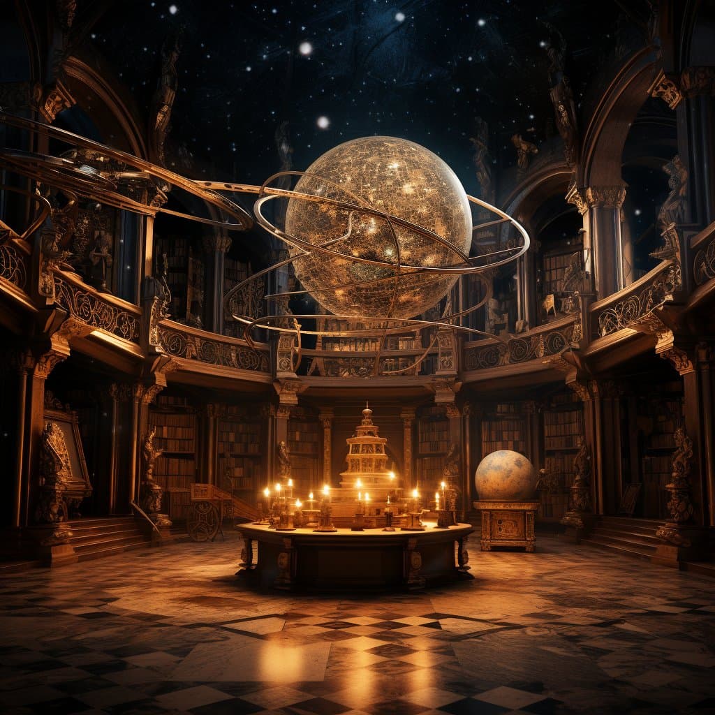 A digital illustration of a grand, candlelit library with a checkered marble floor and an open, starry ceiling. A large, glowing celestial sphere with orbital rings floats above a central table, while a smaller terrestrial globe sits on a pedestal nearby.