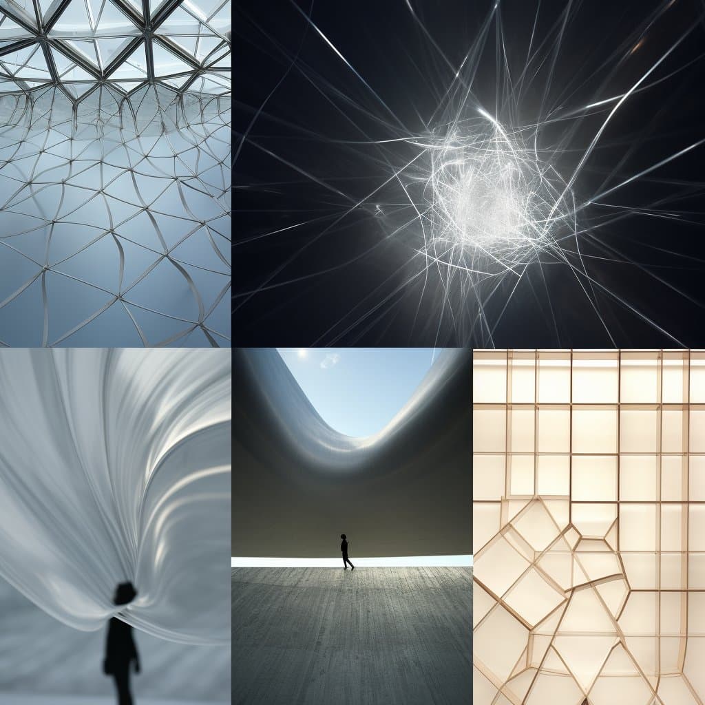 A collage of five abstract architectural and geometric images featuring a geodesic dome, a glowing web of light, a figure in a vast curved space, a silhouette in flowing fabric, and a honeycomb-patterned wall.