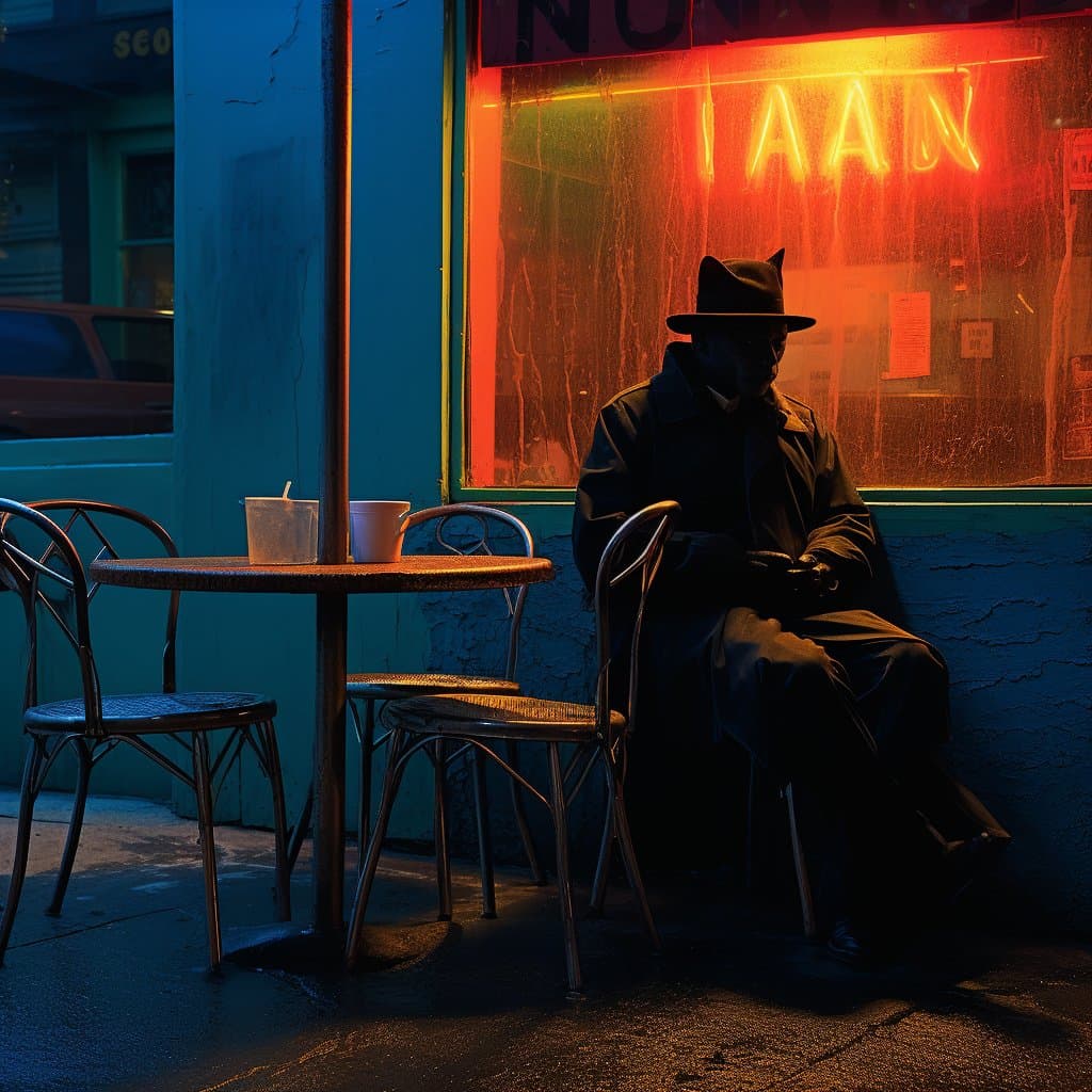 A moody, cinematic photograph of a man in a fedora and trench coat sitting alone at a cafe table, illuminated by a bright orange neon sign in the window behind him.