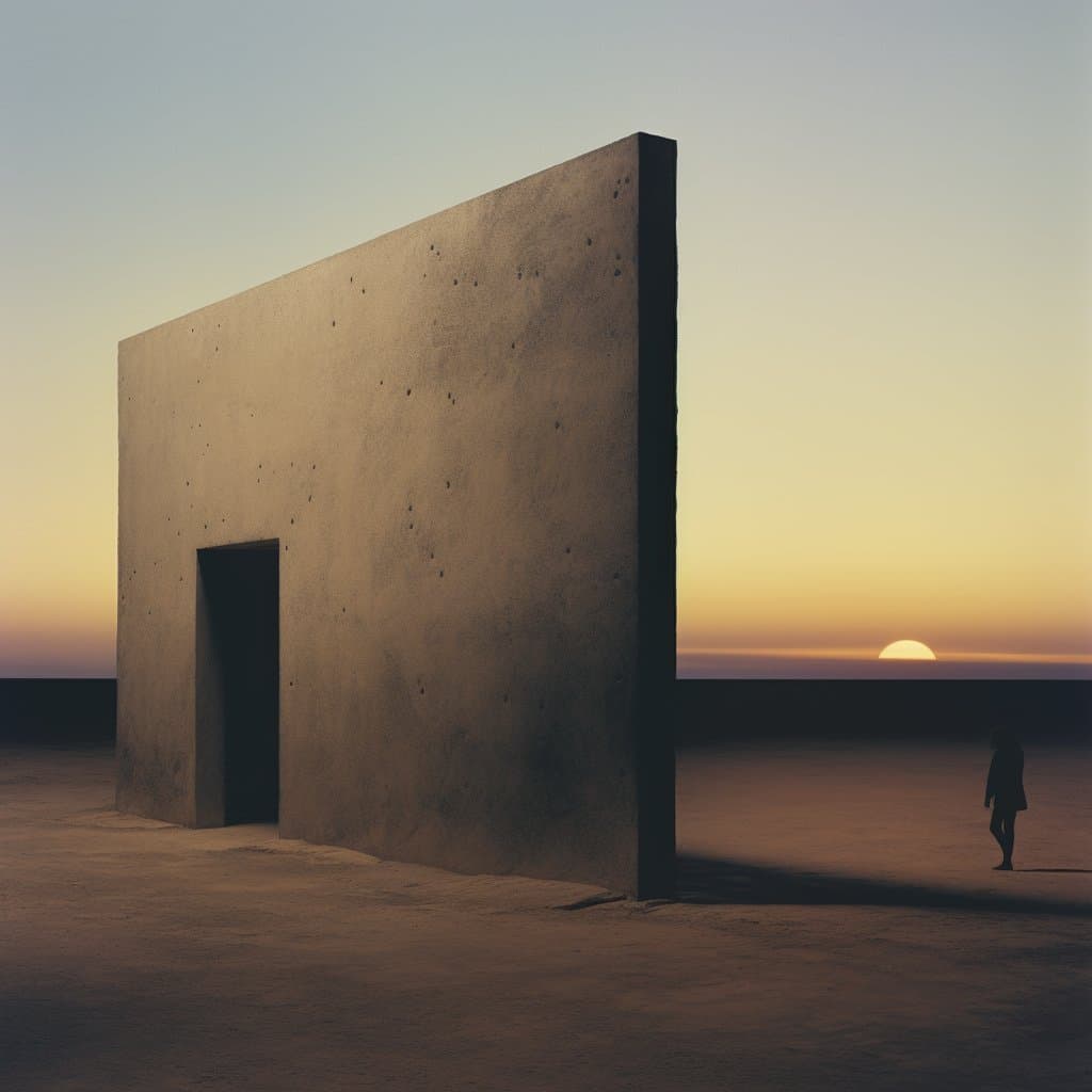 A surreal, minimalist landscape featuring a large, freestanding concrete wall with a dark doorway, set against a desert horizon at sunset. A lone, silhouetted figure stands to the right of the structure, casting a long shadow across the flat, sandy ground.