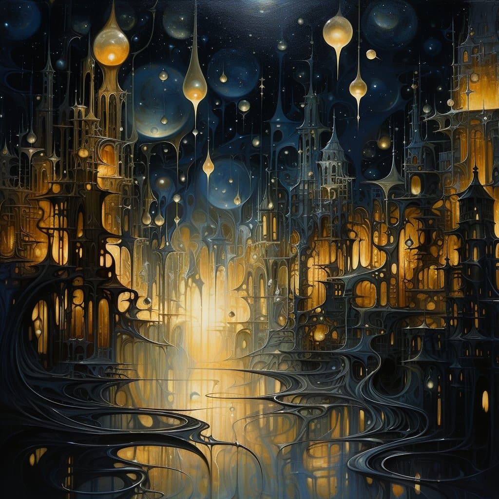 A surreal digital artwork depicting a fantastical cityscape with intricate, gothic-style spires and towers glowing with warm golden light against a dark, starry sky. Floating, teardrop-shaped orbs and organic, flowing structures create a dreamlike, otherworldly atmosphere reflected in a rippling surface below.