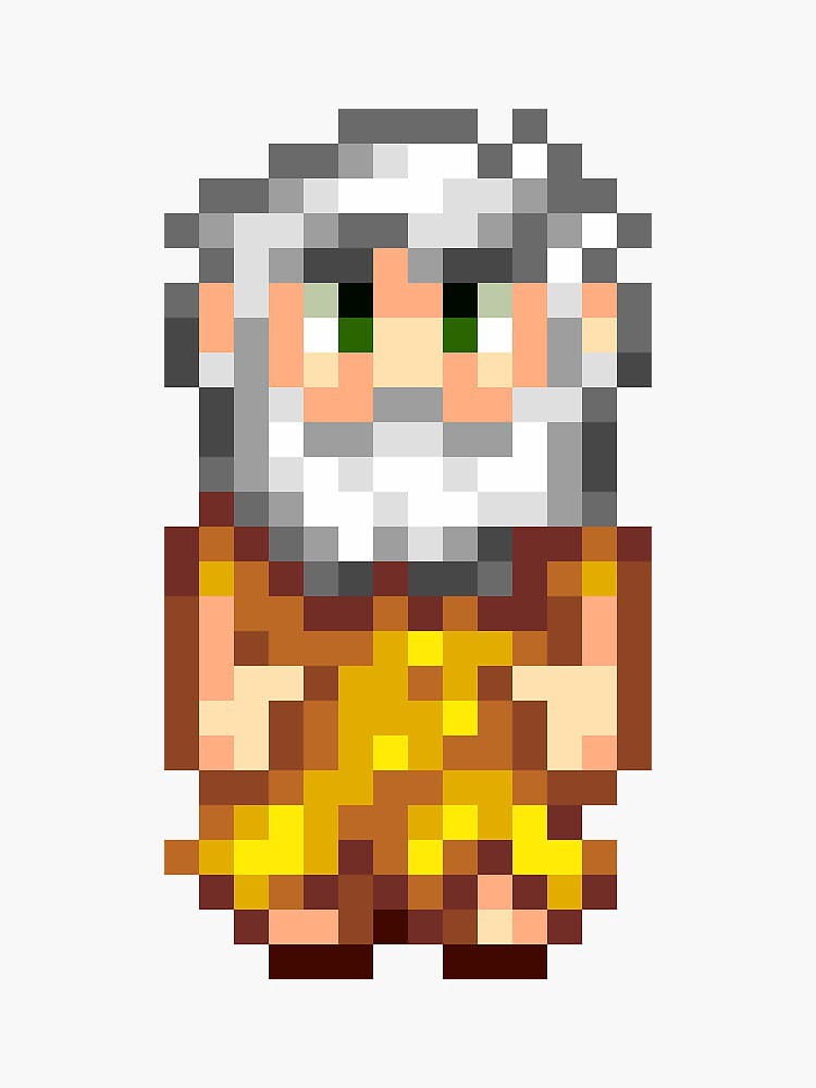 A pixel art illustration of an elderly man with white hair, a long white beard, and green eyes, wearing a brown tunic with a yellow star on the chest. The character is depicted from the waist up against a plain light gray background.