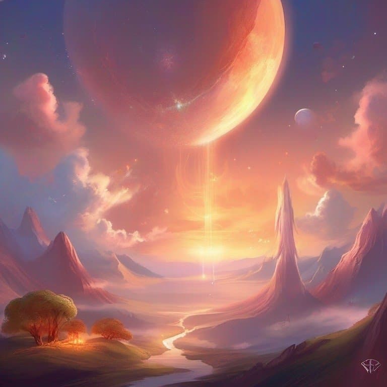 A digital fantasy landscape featuring a massive, glowing orange planet in a pink and purple sky, with a beam of light descending from it to a misty valley below. The scene includes rolling hills, a winding river, and a few trees in the foreground, rendered in a soft, painterly style. A small artist's signature is visible in the bottom right corner.