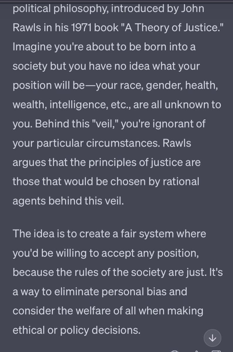A screenshot of a text-based post explaining the Rawlsian "veil of ignorance" concept in political philosophy. The text describes how rational agents would choose principles of justice without knowing their future social position, aiming to create a fair system.