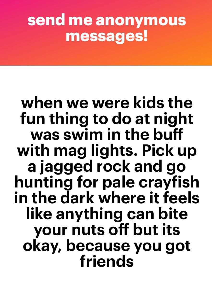 A text-based social media post with a pink-to-orange gradient header and a white body. The header invites anonymous messages, and the body contains a personal anecdote about childhood nighttime swimming.
