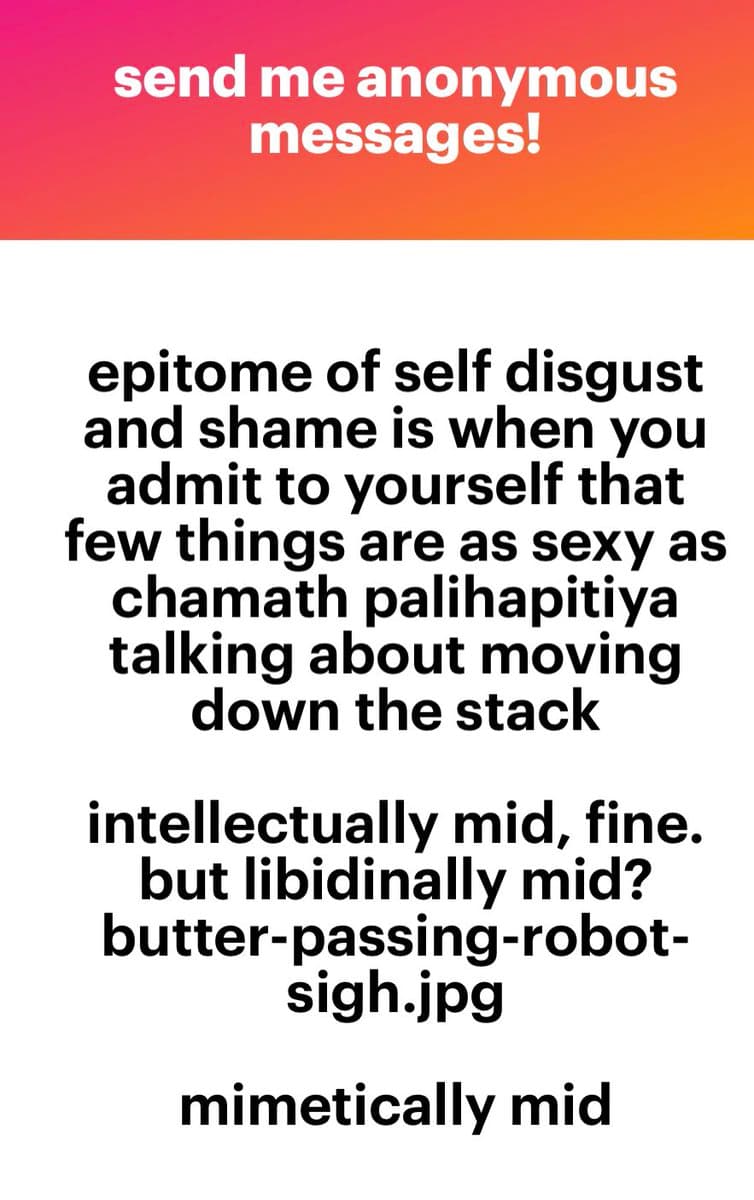 A text-based social media post with a red-to-orange gradient header and a white body. The image contains multiple lines of black text on the white background, formatted as a series of short, humorous statements.