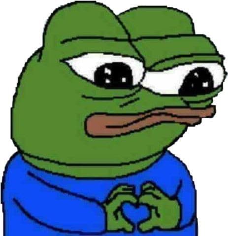 A digital illustration of the 'Pepe the Frog' character with a sad, teary-eyed expression, wearing a blue shirt and making a heart shape with its hands.