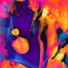 A vibrant abstract digital artwork featuring swirling, fluid patterns in bright pink, orange, yellow, and deep purple hues. The image has a psychedelic, marbled texture with no discernible text or figures.
