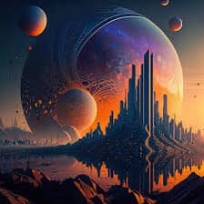A digital artwork depicting a futuristic city with tall, slender towers reflected in a body of water, set against a backdrop of a large planet and several smaller moons in a colorful sky. The scene has a science fiction aesthetic with warm orange and purple tones.