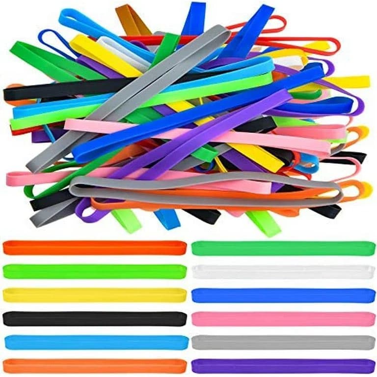 A product image showing a large pile of multicolored rubber bands at the top, with a grid of individual bands in various colors displayed below.