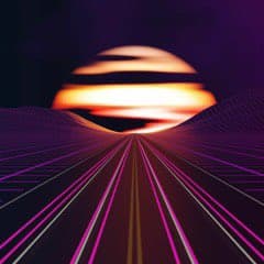 A digital art image in a retro-futuristic style, featuring a glowing, striped sun setting over a grid of neon pink and purple lines that recede into the distance. The scene evokes a classic 1980s synthwave or vaporwave aesthetic.