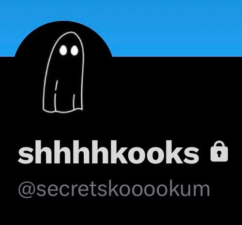 A social media profile card featuring a black background with a blue header. The profile picture is a simple white line drawing of a ghost. Below the image, the display name reads "shhhkooks" followed by a lock icon, and the handle is "@secretskooookum".