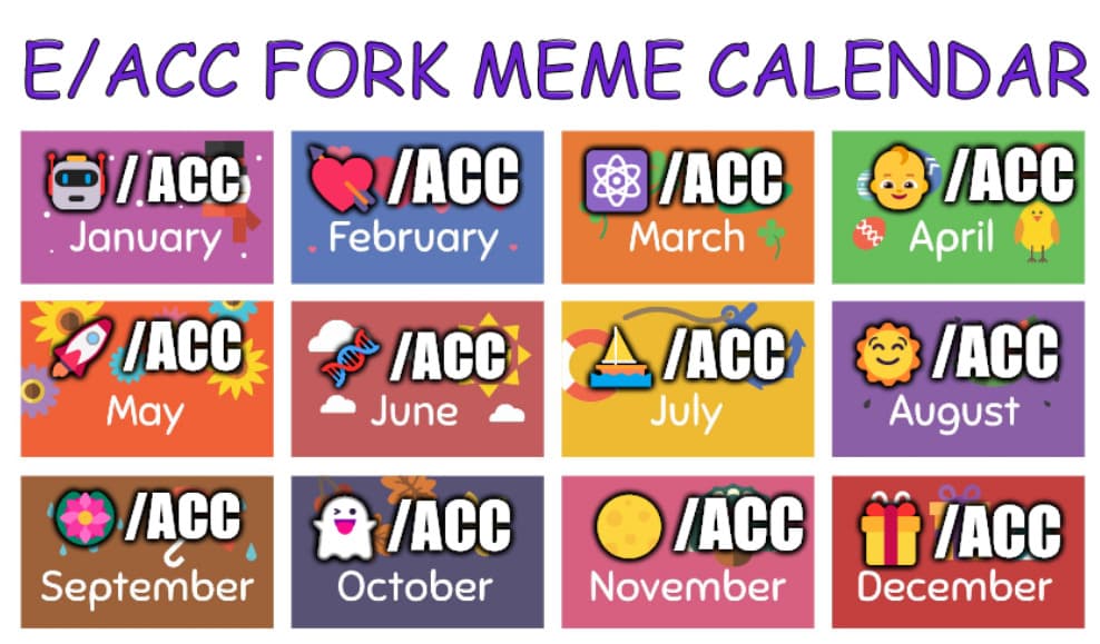 A colorful meme calendar titled "E/ACC FORK MEME CALENDAR" that assigns a unique emoji and the text "/ACC" to each month of the year, from January to December.