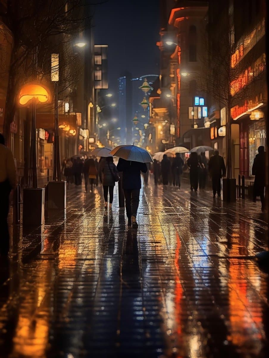 A nighttime photograph of a wet, rain-slicked city street reflecting the glow of streetlights and storefronts, with several pedestrians walking under umbrellas.