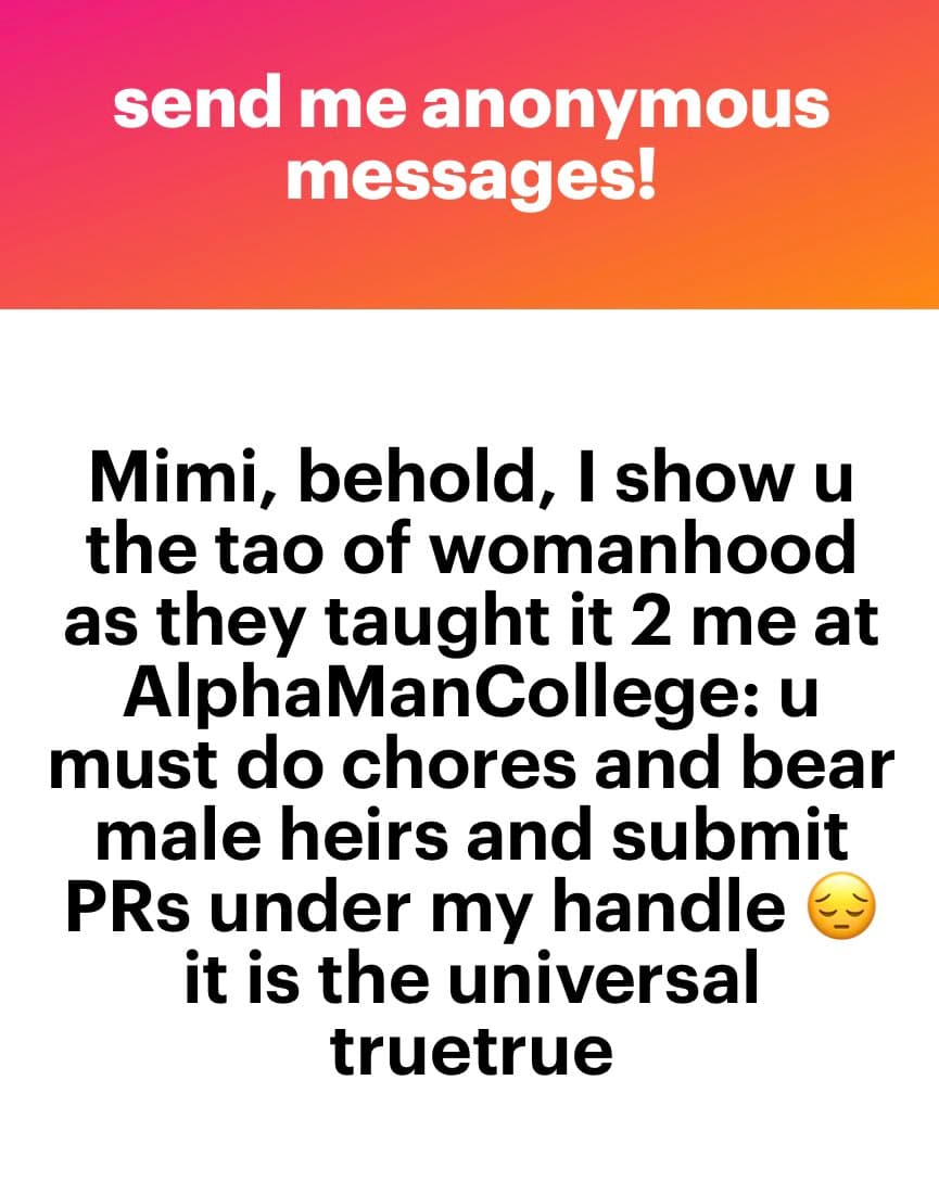 A screenshot of an anonymous message from a social media platform, featuring a red-to-orange gradient header and a white body with black text. The message is a satirical, absurd statement directed at a user named Mimi.