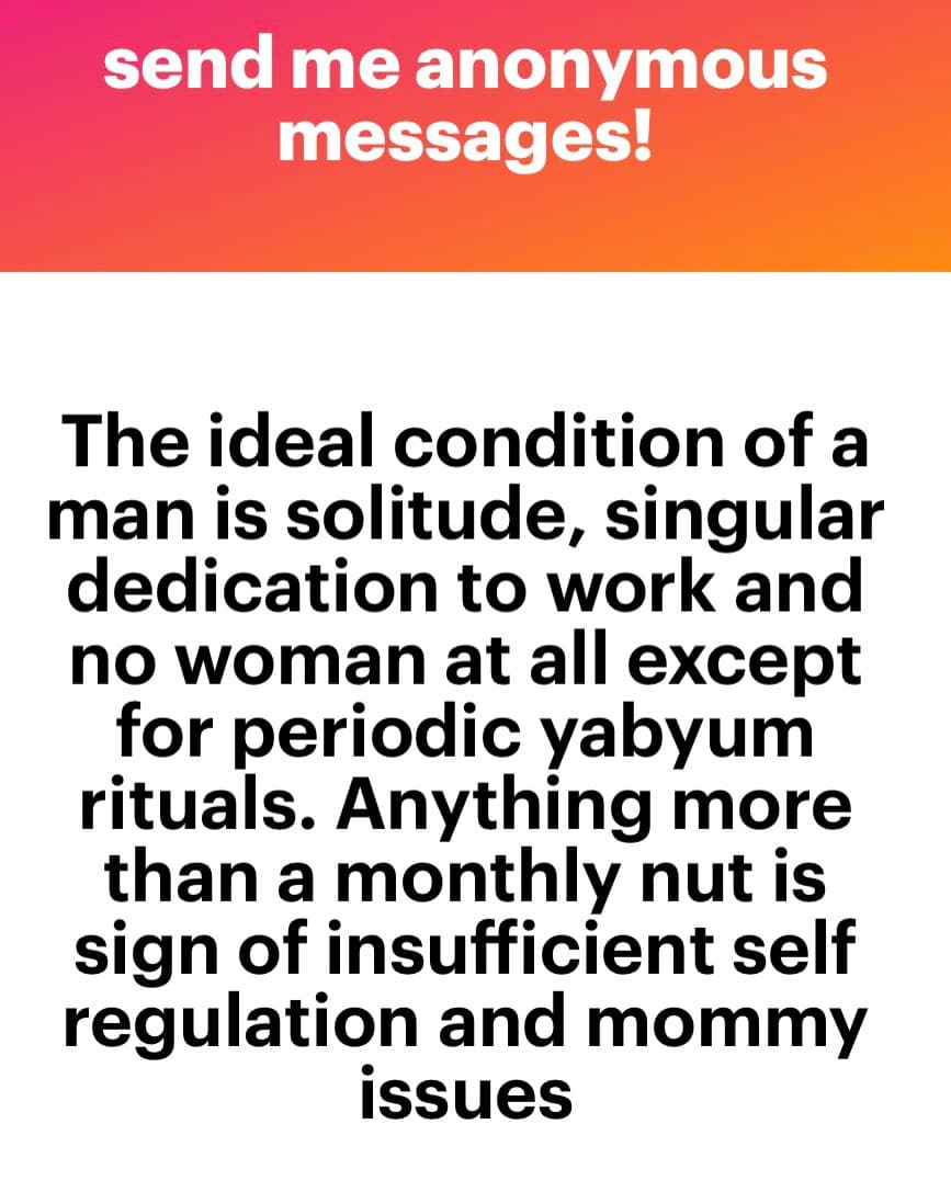 A screenshot of an anonymous message displayed on a white background with a red-orange header. The image contains a block of text expressing a controversial opinion about men's ideal conditions.