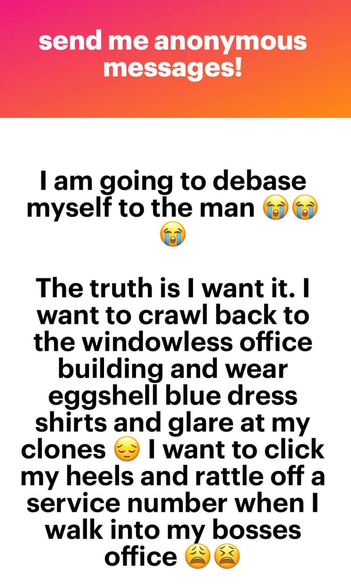 A screenshot of a social media post featuring a pink-to-orange gradient header and a white body with black text. The image appears to be a template for anonymous messages, with the header text 'send me anonymous messages!' and a personal statement below it.