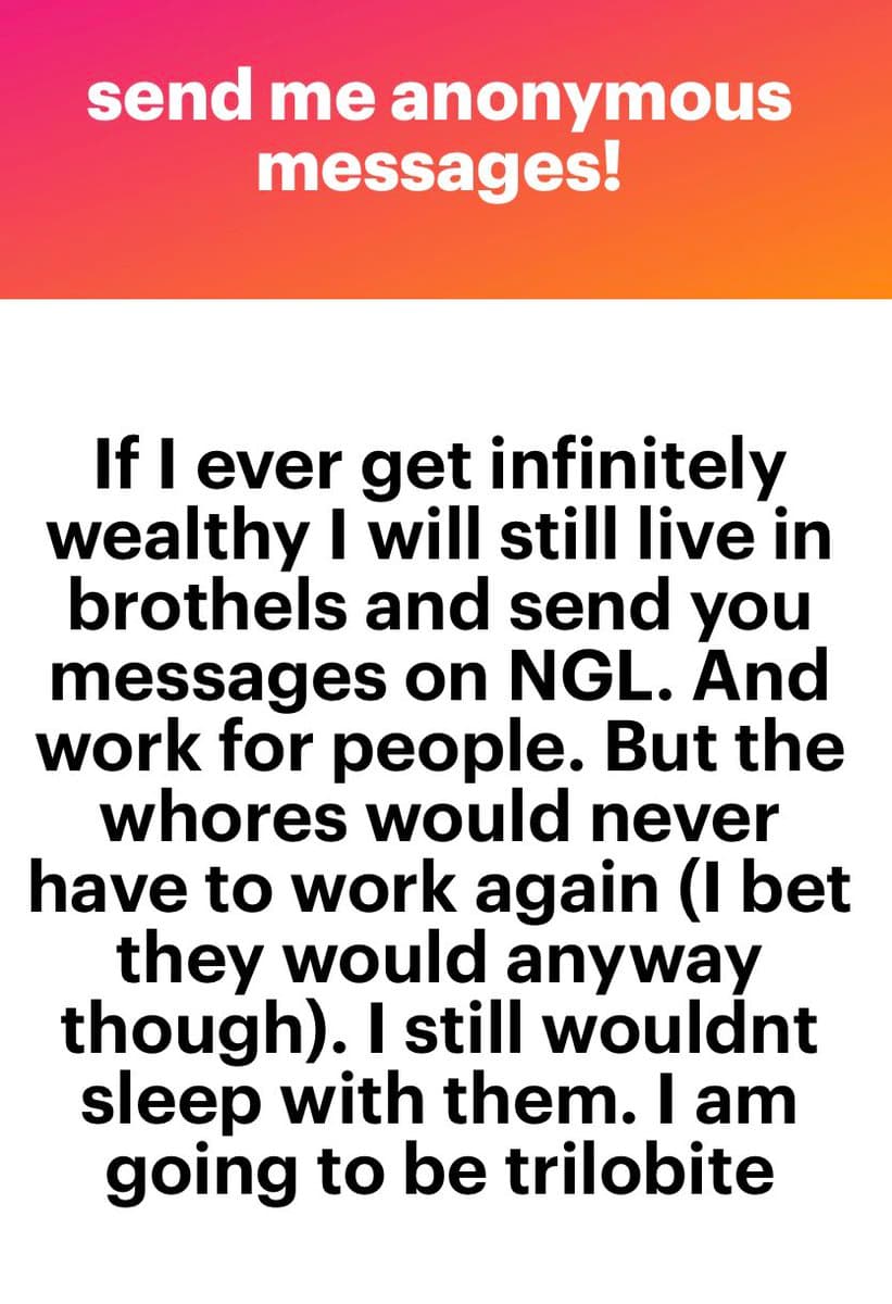 A text-based social media post with a red-to-orange gradient header and a white body. The header reads 'send me anonymous messages!' and the body contains a personal statement about future plans if the author becomes wealthy.