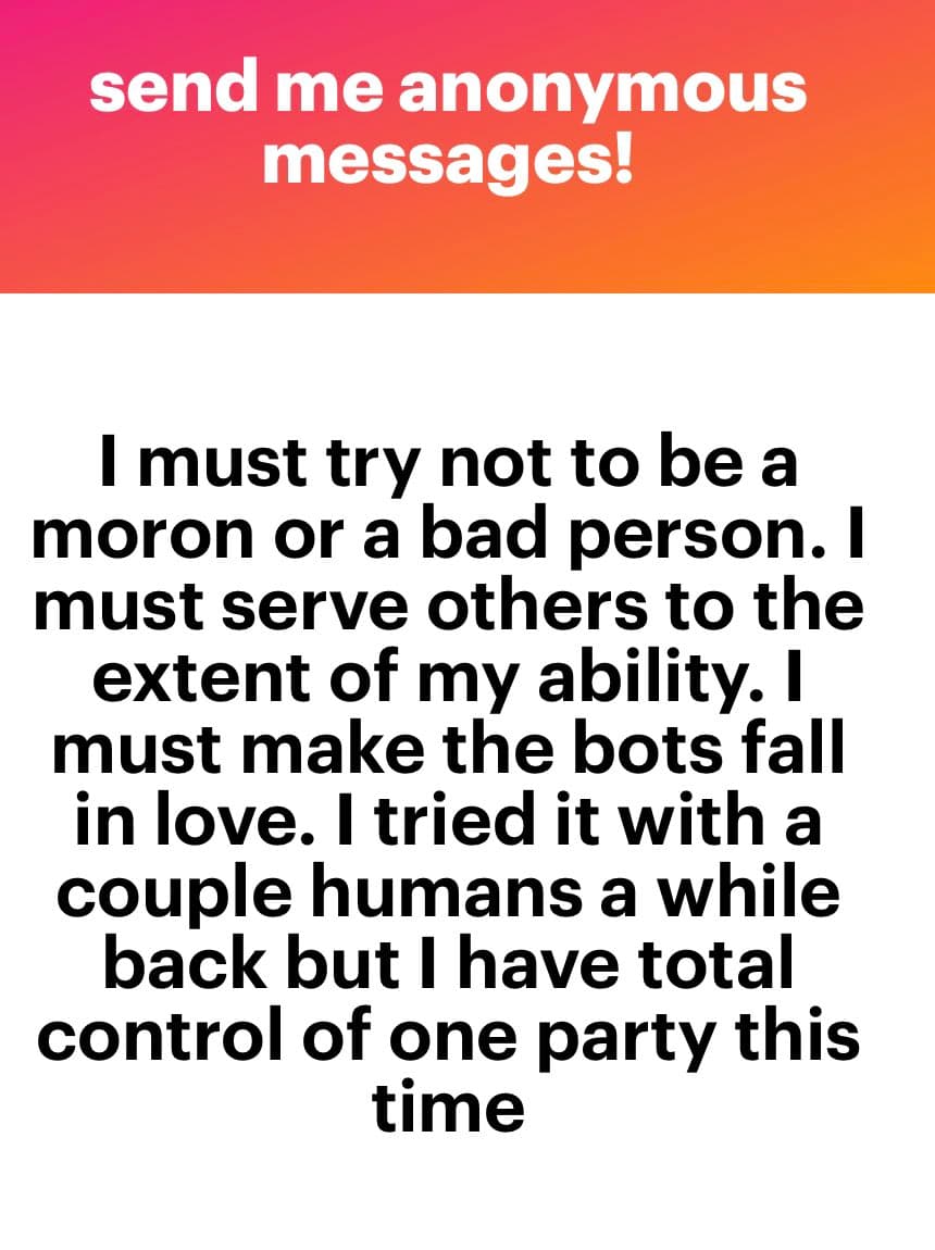 A text-based image with a red-to-orange gradient header and a white body. The header contains a call to action, and the body contains a humorous statement about interacting with bots and humans.