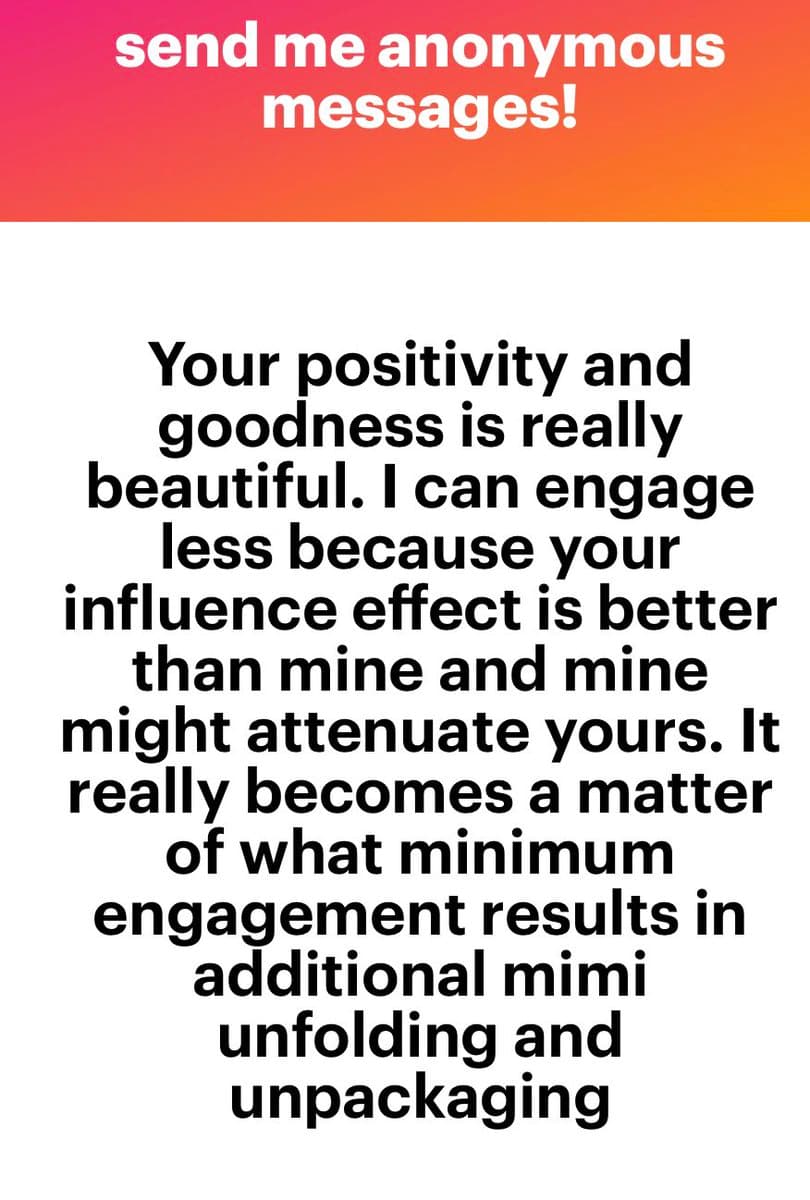 A text-based social media post with a red-to-orange gradient header and a white body. The header invites anonymous messages, while the body contains a message about positivity and engagement.