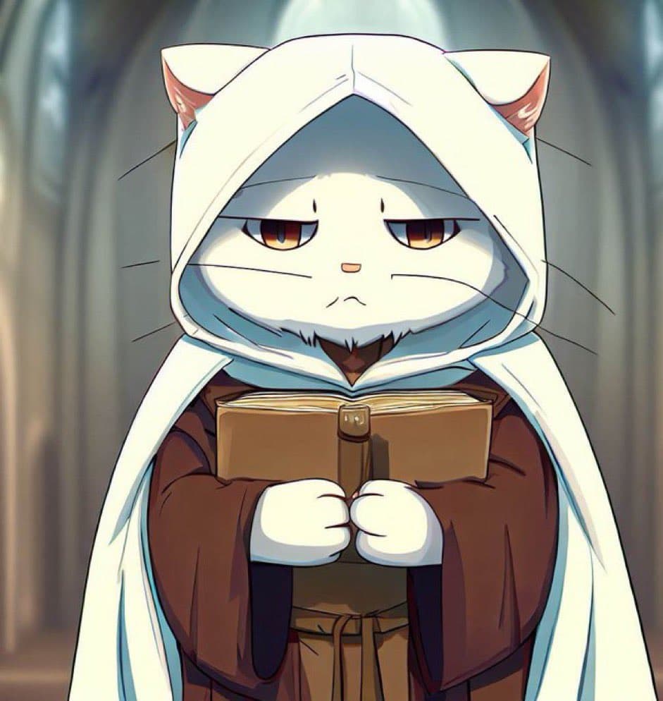 A digital illustration of a white cat with a tired expression, wearing a brown monk's robe and a white hood with cat ears, while holding a small book. The background is a blurred, stone-like interior.