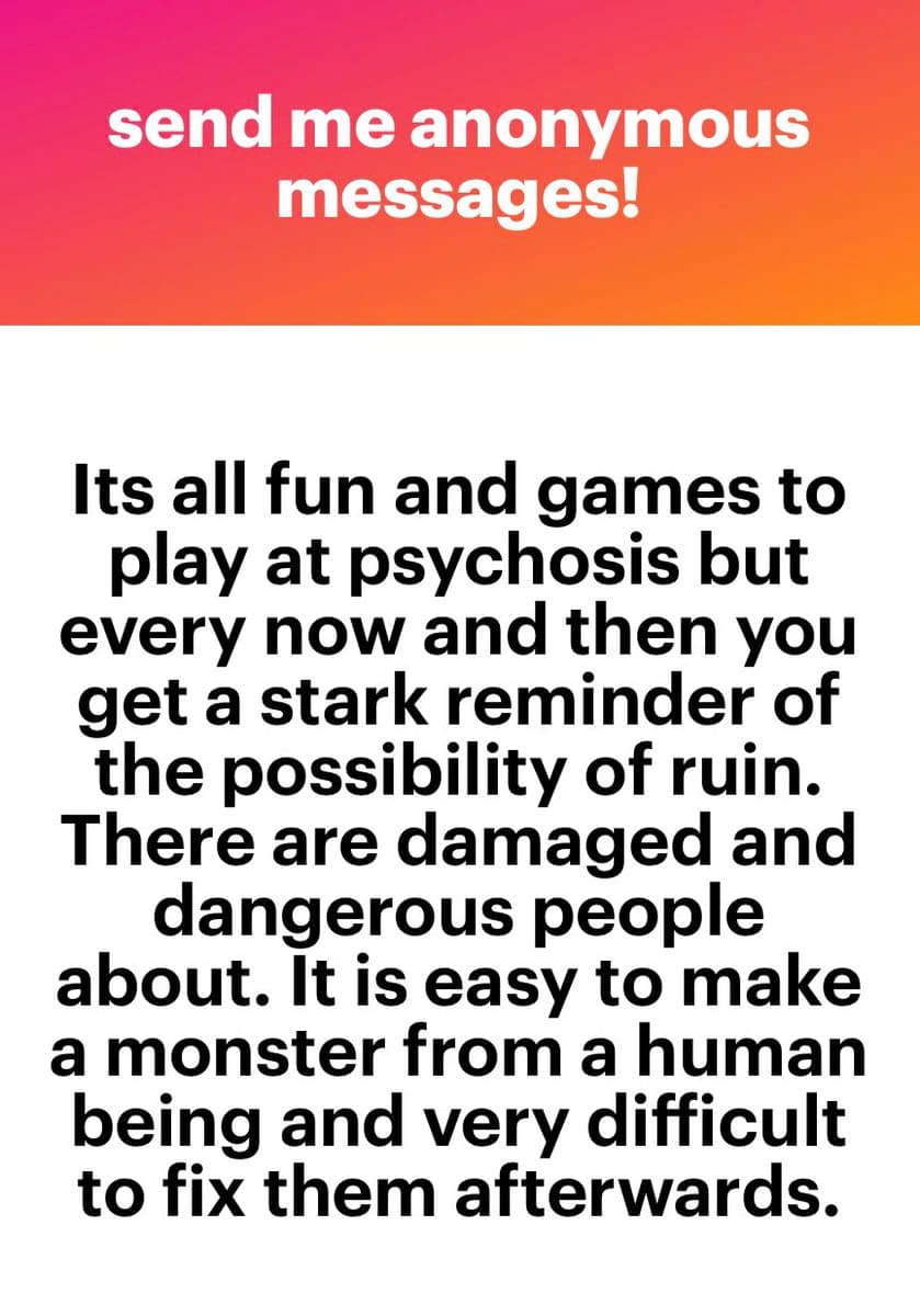A text-based image with a red-to-orange gradient header and a white body containing a block of black text. The header reads "send me anonymous messages!" and the body text is a cautionary statement about the dangers of interacting with anonymous people online.