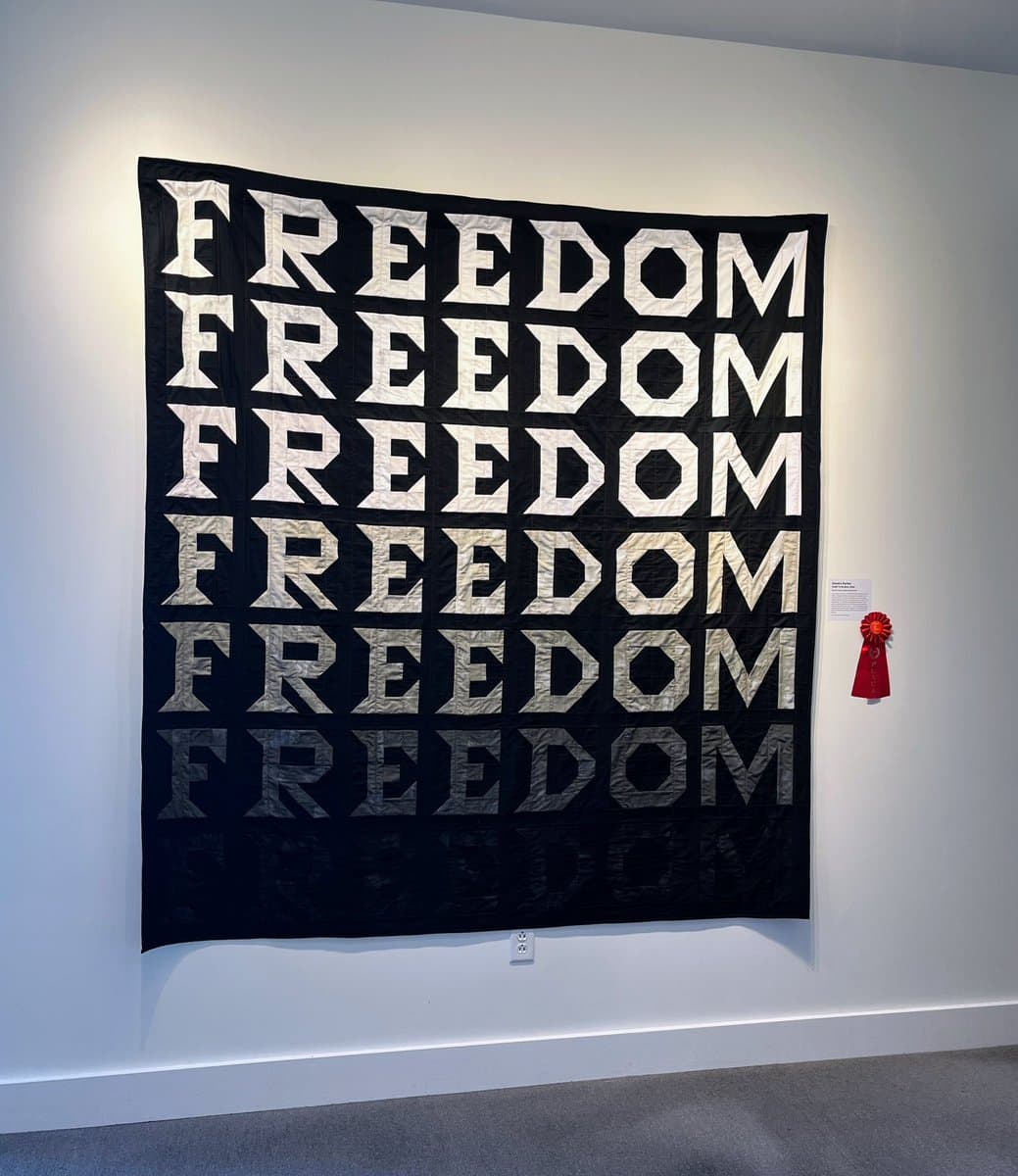 A large black quilt hanging on a white gallery wall, featuring the word 'FREEDOM' repeated in large block letters that fade from white to black from top to bottom. A red award ribbon is pinned to the wall to the right of the quilt.