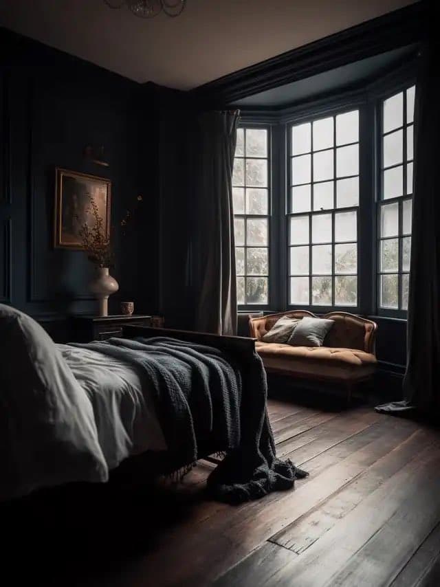 A dimly lit, moody bedroom featuring a bed with a dark throw blanket, a small chaise lounge, and a large bay window with multiple panes. The room has dark walls, wooden flooring, and a framed painting on the wall.
