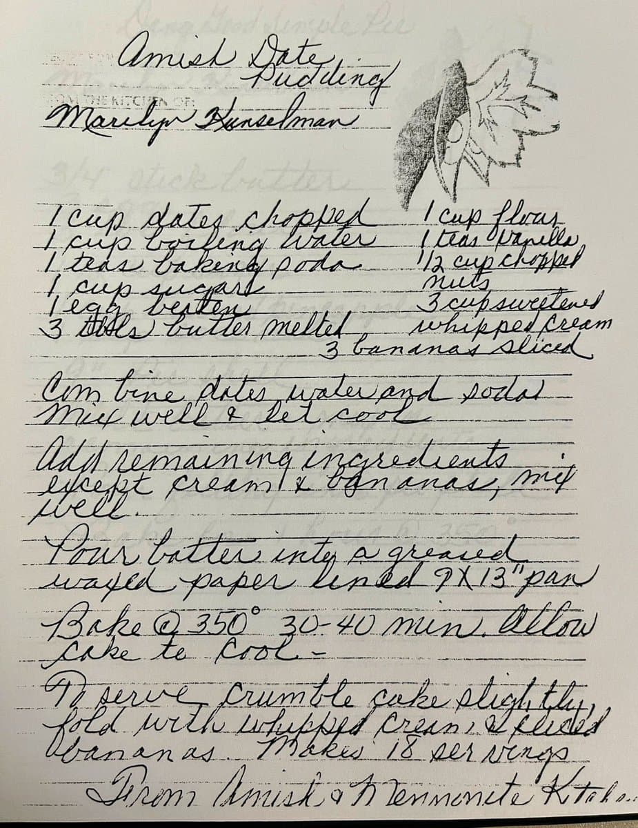 A handwritten recipe card for "Amish Date Pudding" from the kitchen of Marilyn Buncelman, featuring a small pencil sketch of a leaf. The card lists ingredients and instructions in cursive handwriting on lined paper.