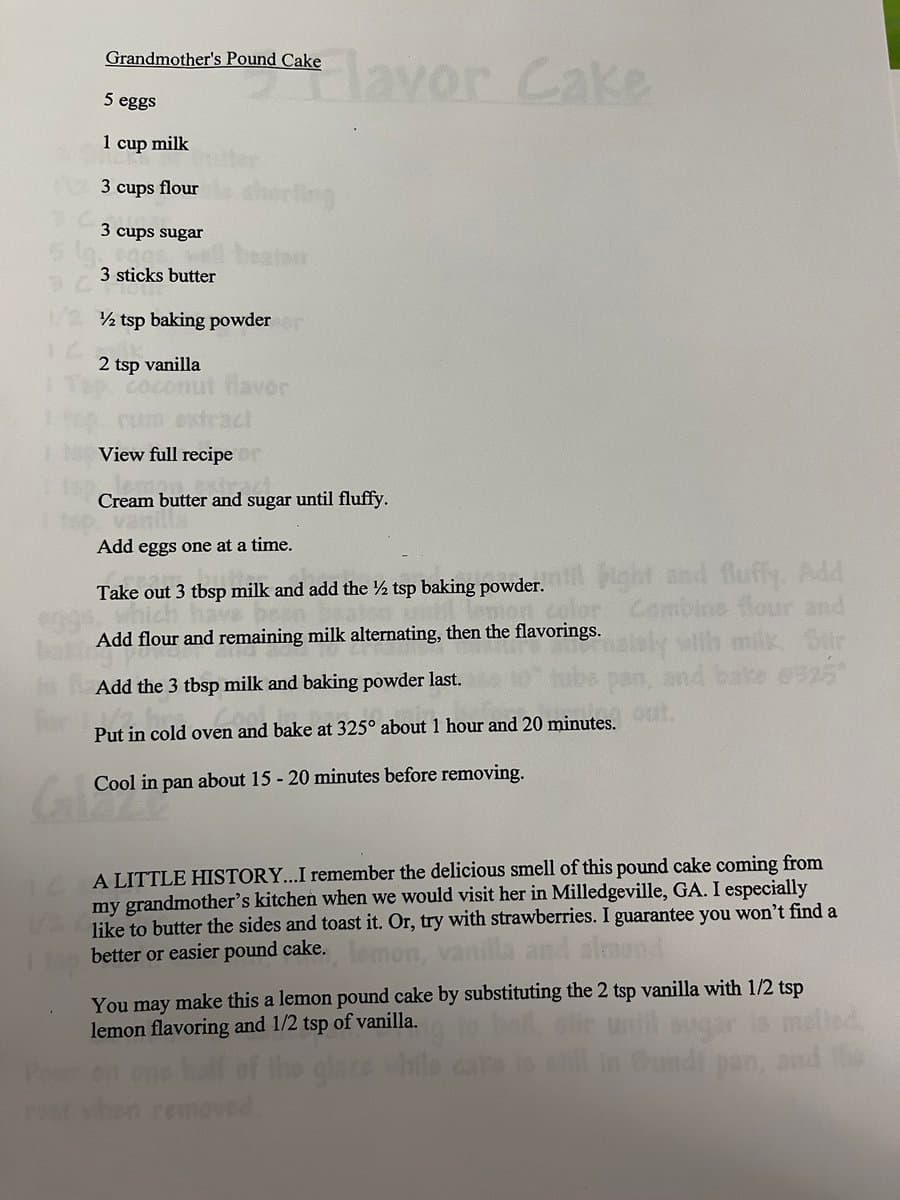A photograph of a printed recipe page from a family cookbook, showing the ingredients and instructions for Grandmother's Pound Cake. The page includes a personal history note about the recipe's origin in Milledgeville, GA.