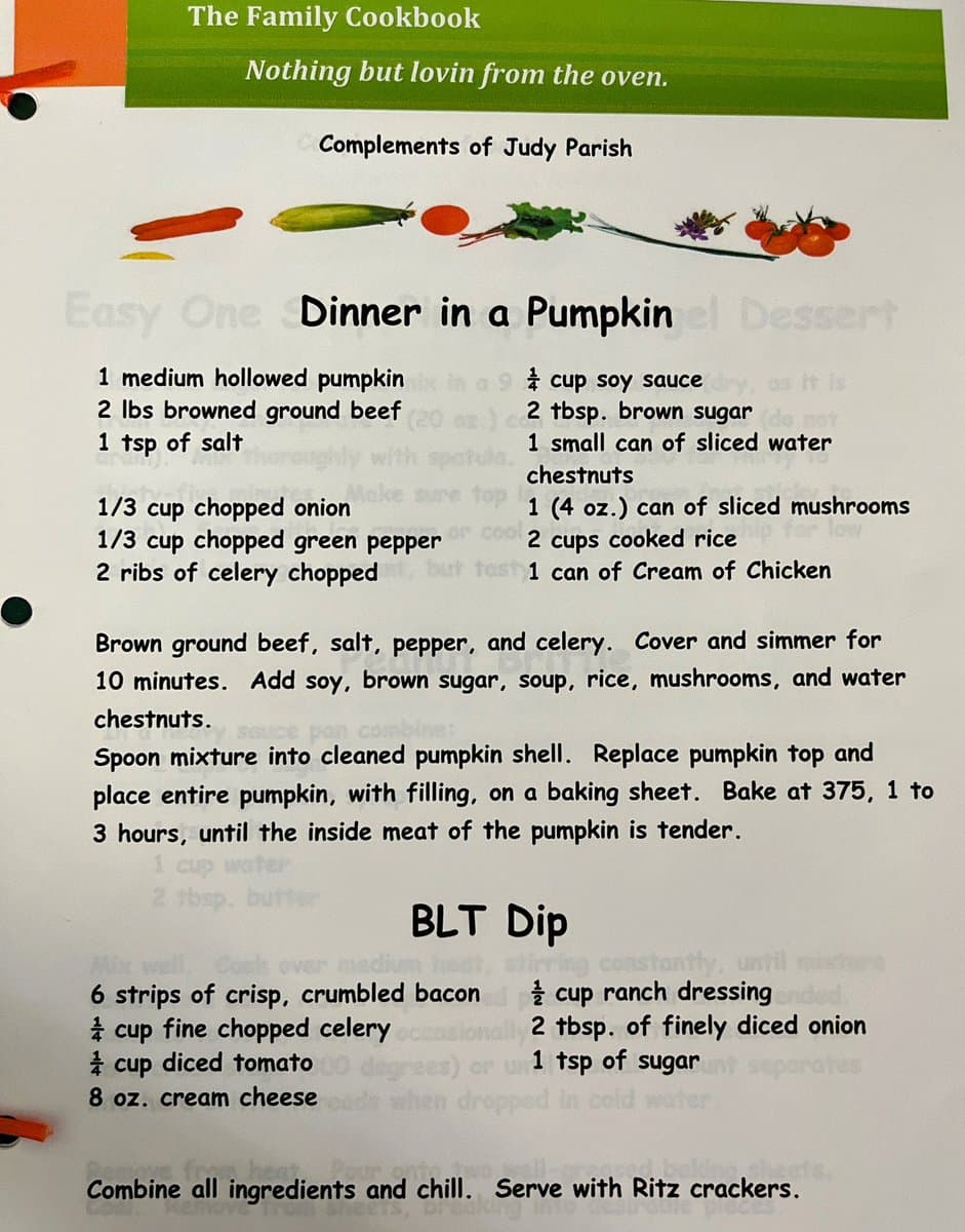 A photograph of a page from a family cookbook titled 'The Family Cookbook' featuring recipes for 'Dinner in a Pumpkin' and 'BLT Dip'. The page includes a header with the tagline 'Nothing but lovin from the oven' and a decorative row of vegetable illustrations.