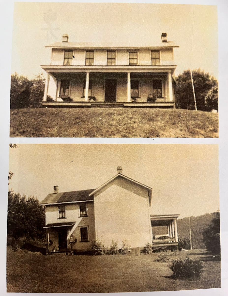 A vertical collage of two vintage, sepia-toned photographs showing two different two-story houses with porches, set in a rural landscape.