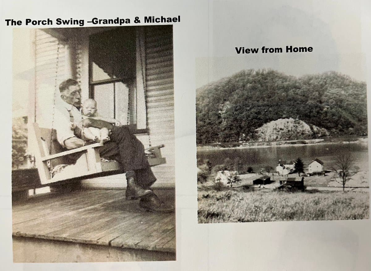 A black-and-white collage featuring two historical photographs: on the left, an older man sits on a porch swing holding a baby, and on the right, a landscape view shows a house and barn near a body of water with a wooded hill in the background.