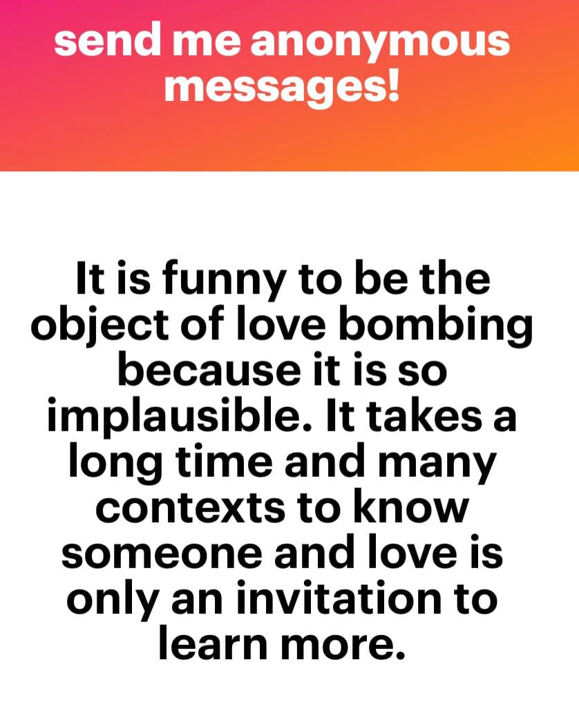A text-based image with a red-to-orange gradient header and a white body. The header contains a call to action, and the body contains a reflective statement about love bombing.