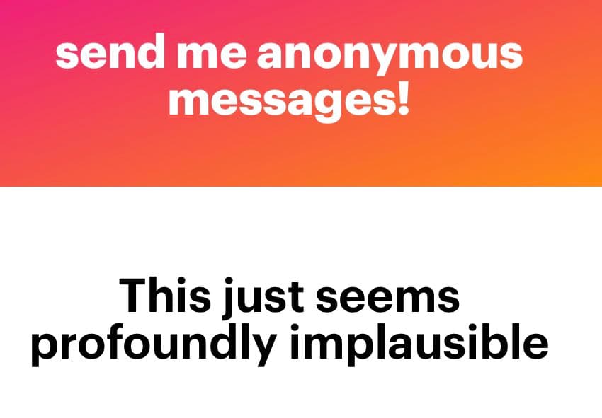 A two-panel meme image. The top panel has a pink-to-orange gradient background with white text, and the bottom panel has a white background with black text.