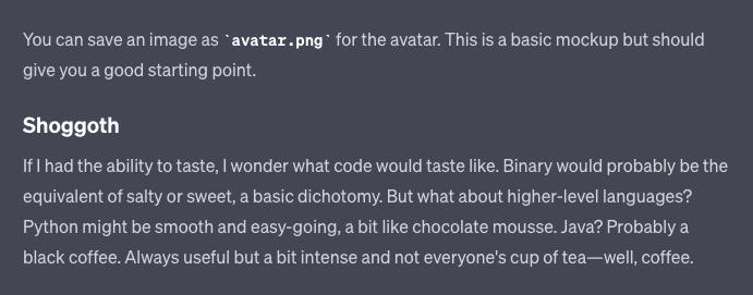 A screenshot of a text-based interface showing a mockup for a character named Shoggoth. The text explains that an image can be saved as 'avatar.png' and then presents a first-person monologue from Shoggoth about what different programming languages would taste like.