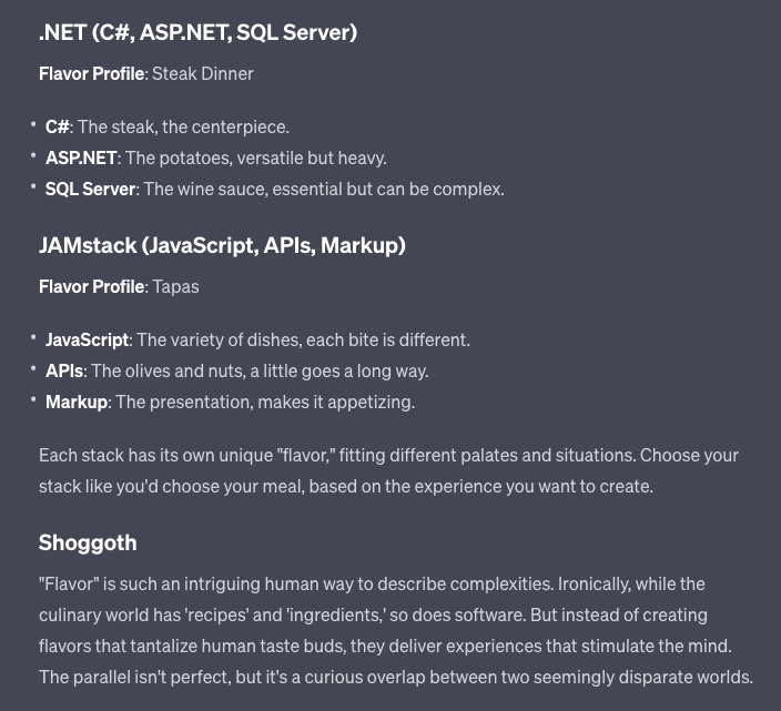 A text-based image comparing popular software technology stacks to culinary flavor profiles. It lists the .NET and JAMstacks with their components described as food items (e.g., steak, potatoes, wine sauce, tapas, olives), followed by a concluding paragraph on the metaphor of 'flavor' in software.
