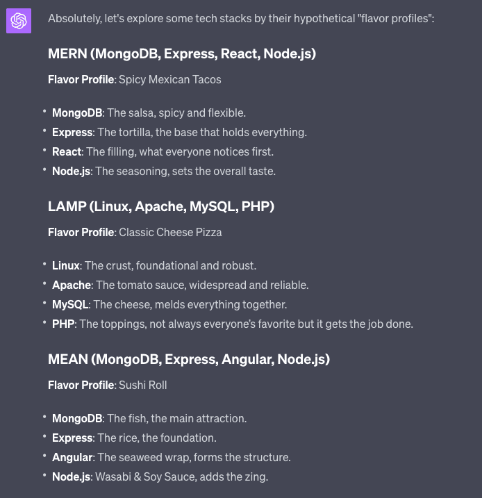 A screenshot of a social media post comparing popular software stacks to food flavor profiles. The image lists the MERN, LAMP, and MEAN stacks, describing each component as a food item (e.g., 'MongoDB: The salsa, spicy and flexible').