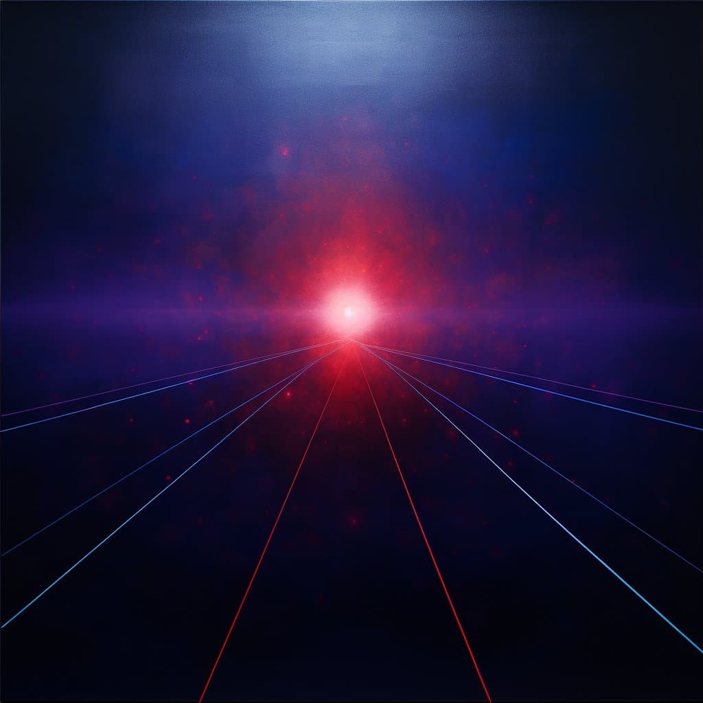A digital art image depicting a glowing red and white light source on a horizon, with red and blue perspective lines radiating outward across a dark, starry background. The scene has a retro-futuristic or synthwave aesthetic.