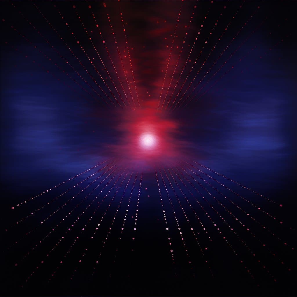 A digital art visualization featuring a bright, glowing white and red light source at the center, with streaks of red and blue light radiating outward into a dark space. The image resembles a cosmic or abstract representation of energy or movement.