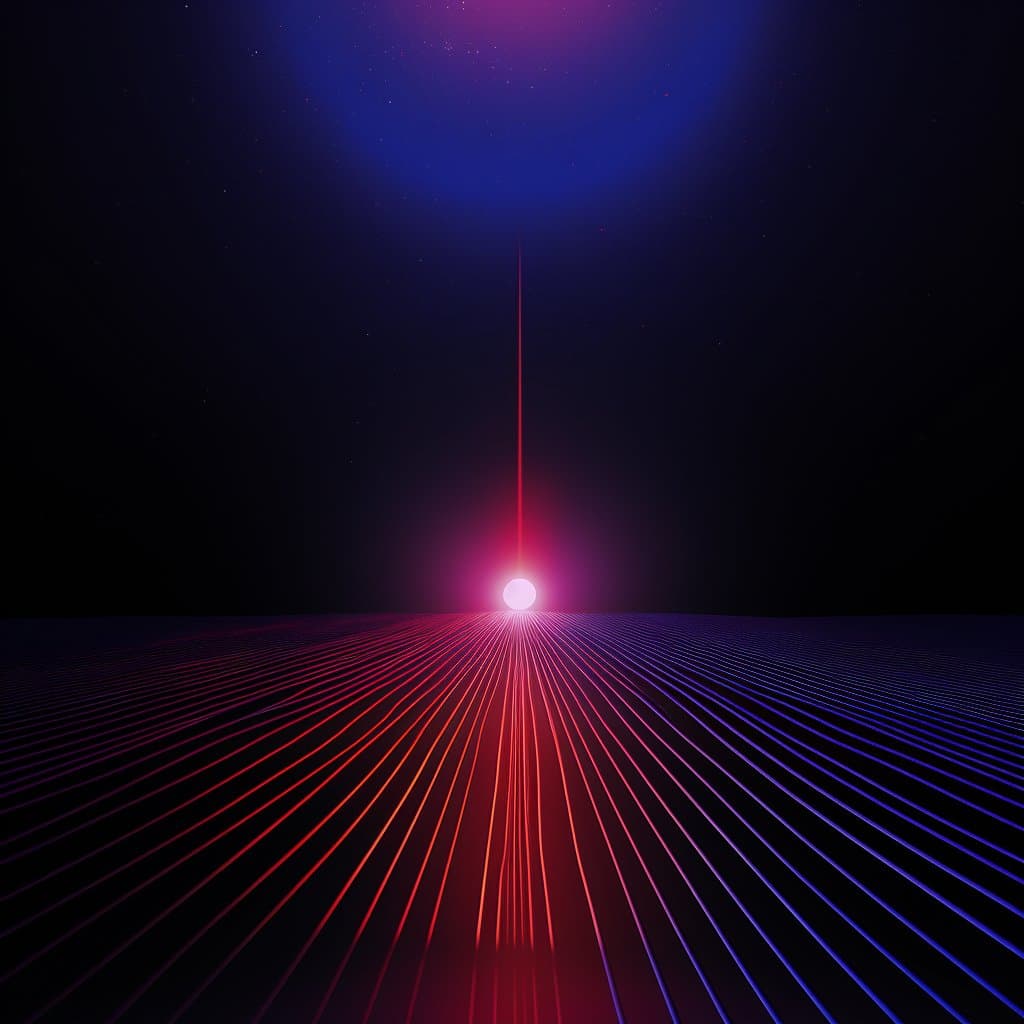 A digital art image featuring a glowing white orb on a horizon line, with red and blue laser-like lines radiating outward across a dark grid floor and a vertical beam shooting up into a starry, purple-blue sky. The style is reminiscent of 1980s synthwave or vaporwave aesthetics.