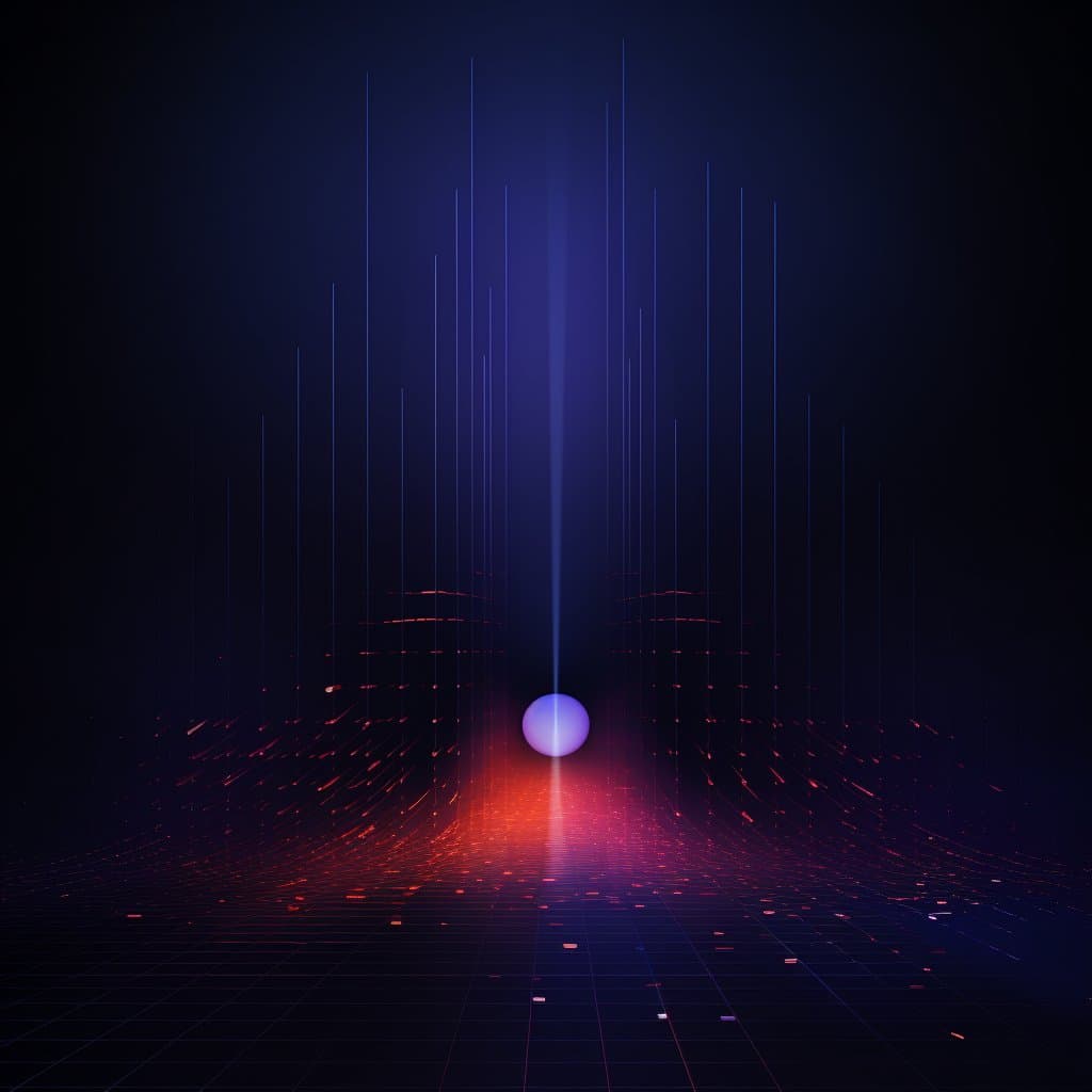 A digital art visualization featuring a glowing purple sphere at the center of a dark, grid-like landscape. Vertical light beams rise from the sphere, while red and orange light trails curve across the floor, creating a futuristic, abstract scene.