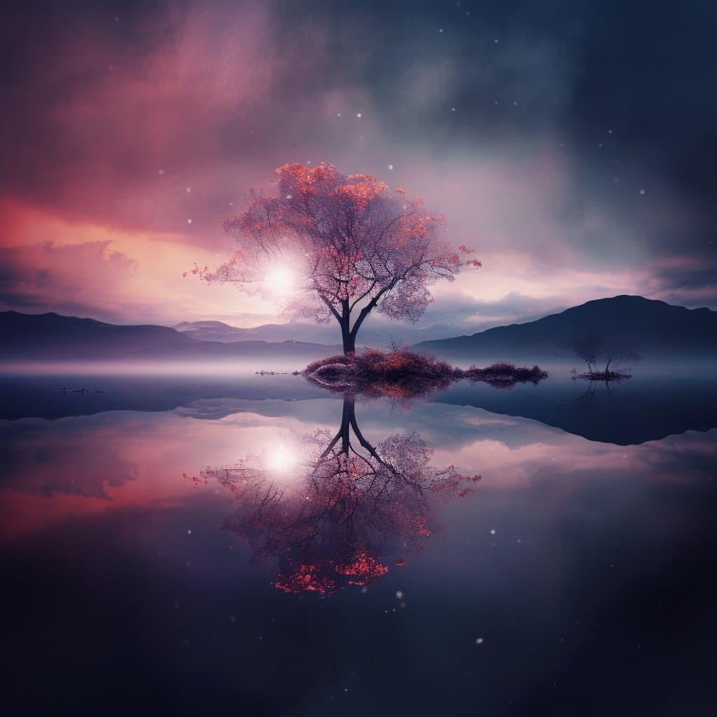 A digital landscape artwork depicting a solitary tree with reddish foliage on a small island in a calm lake, reflecting the tree and the pink and purple sunset sky. The scene includes distant mountains and a bright sun low on the horizon, creating a serene and symmetrical composition.
