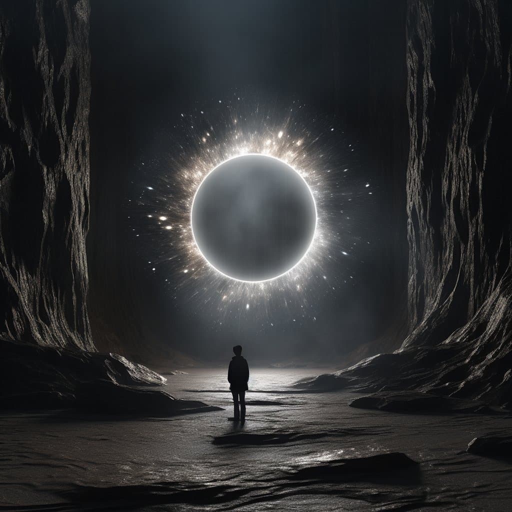 A black-and-white digital artwork depicting a silhouetted figure standing on a rocky shore, gazing at a large, glowing celestial body resembling a solar eclipse framed by towering cliffs.