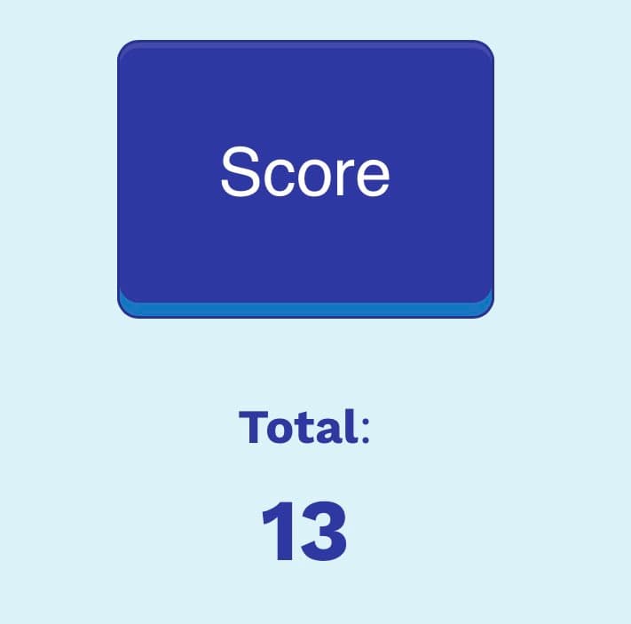 A digital graphic displaying a test result. It features a blue rounded rectangle labeled "Score" above the text "Total: 13" on a light blue background.