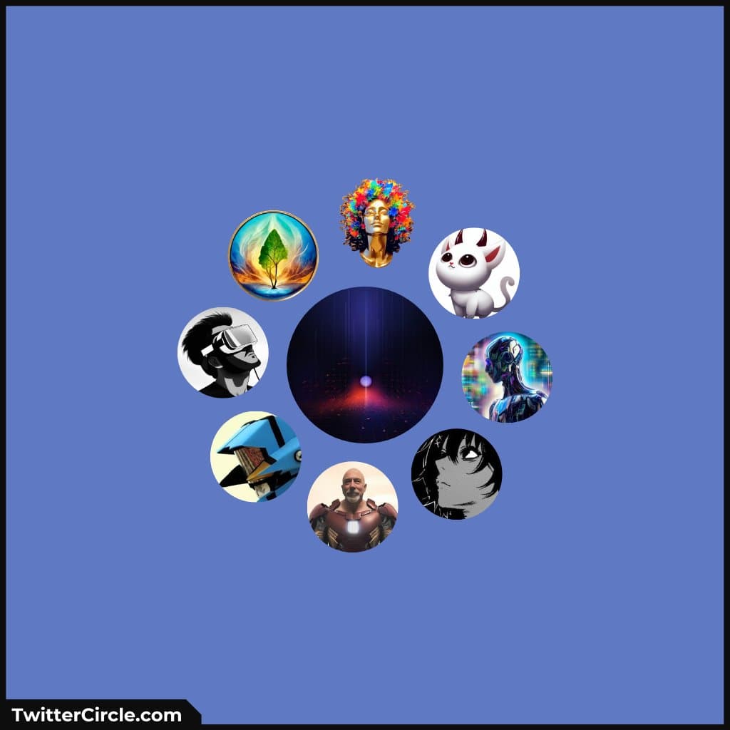 A social media graphic from TwitterCircle.com showing a central circular image surrounded by eight smaller circular profile pictures arranged in a ring on a blue background. The images include various avatars, such as a person with a colorful afro, a cartoon cat, a person in a VR headset, and a figure resembling Iron Man.