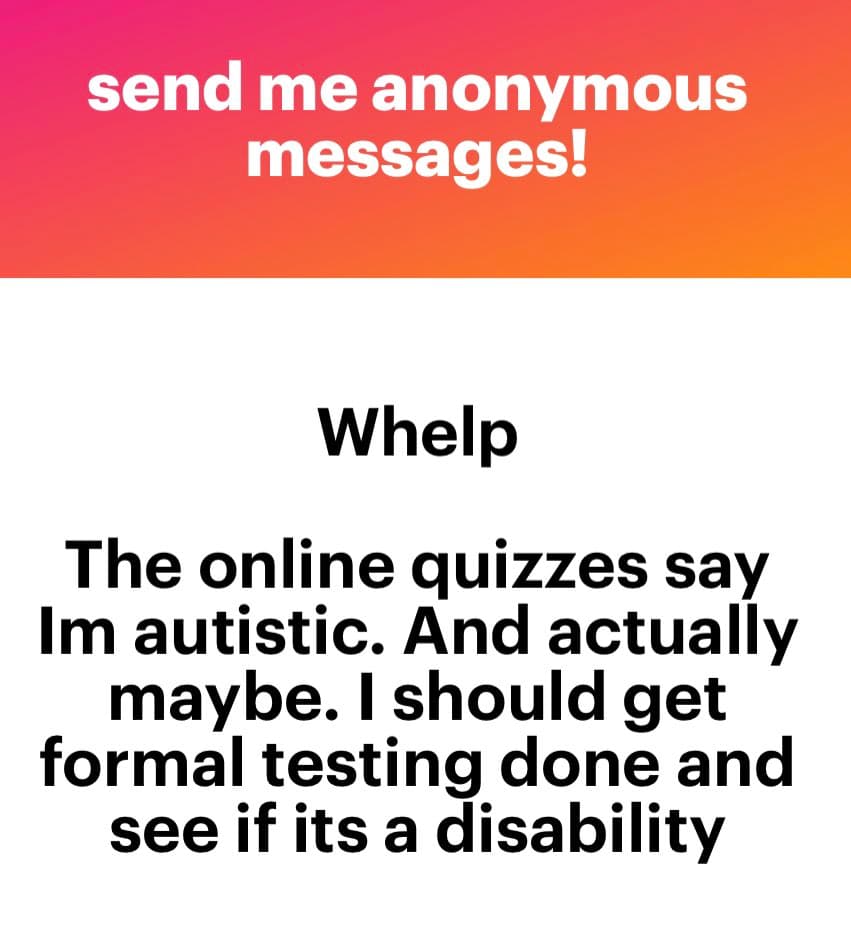 A screenshot of an anonymous message from the NGL app, featuring a pink-to-orange gradient header and a white body with black text.