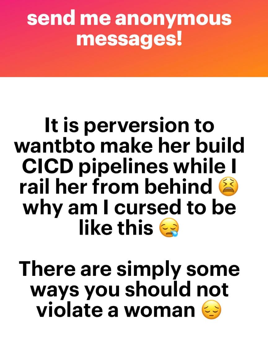 A screenshot of an anonymous message submission displayed on a white background with a red-orange header. The image contains text expressing inappropriate and harassing thoughts about a female colleague, framed as a confession of personal 'perversion' and 'cursed' behavior.