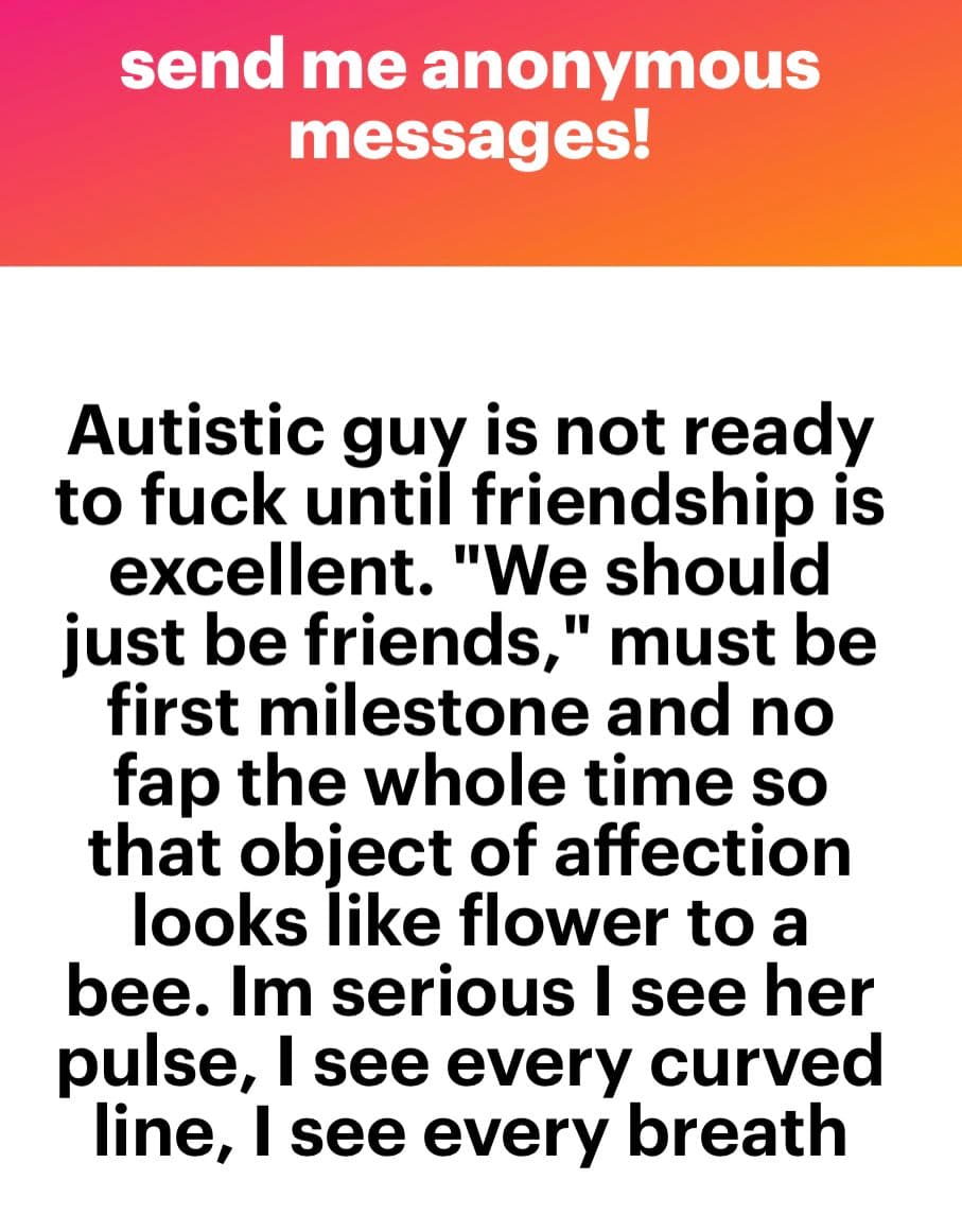 A screenshot of an anonymous message posted on a social media platform. The image has a pink-to-orange gradient header with white text, and a white body with black text containing a personal message.